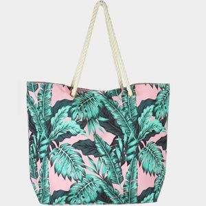 • Tropical Palm Leaves Beach Bag Tote- Pink